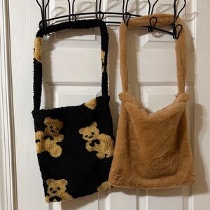 Teddy Bear Patterned Black and Tan Plush Shoulder Bags